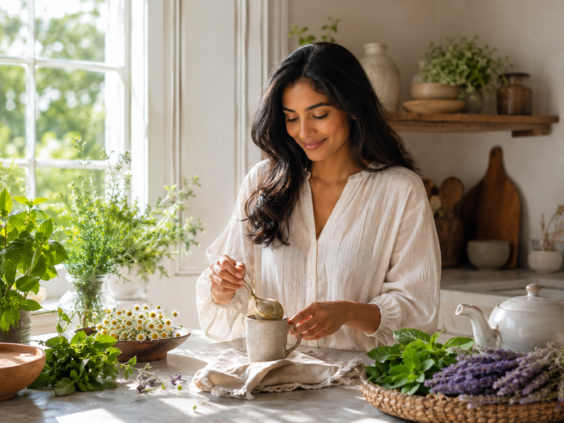 woman mixing herbs