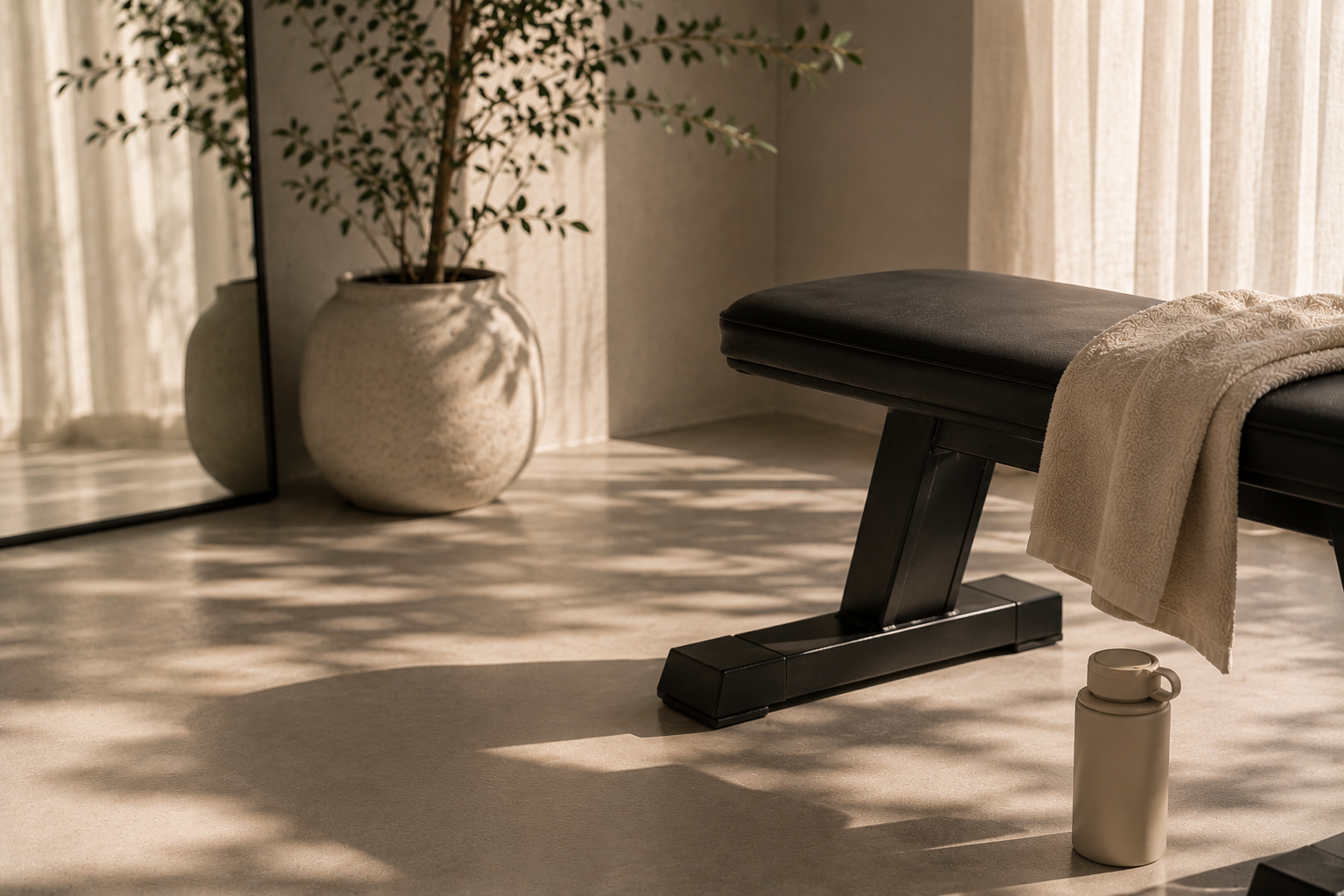 workout studio with water bottle and bench 