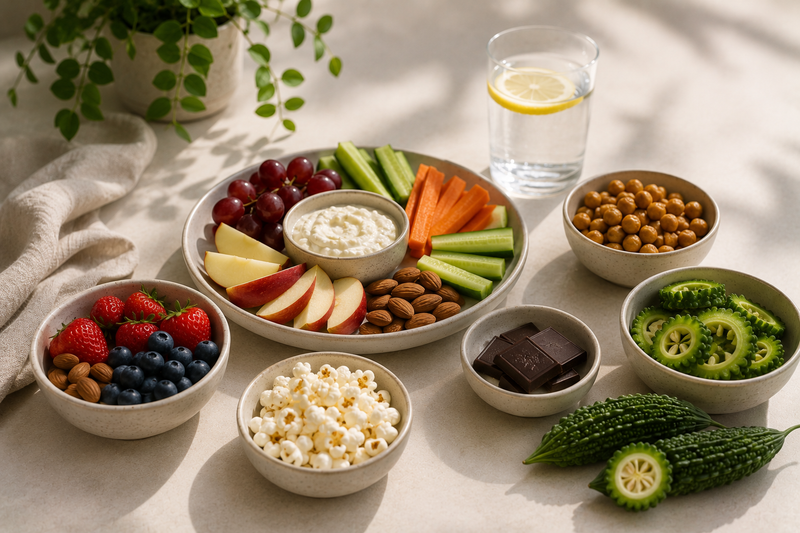 spread of snacks, vegetables and water
