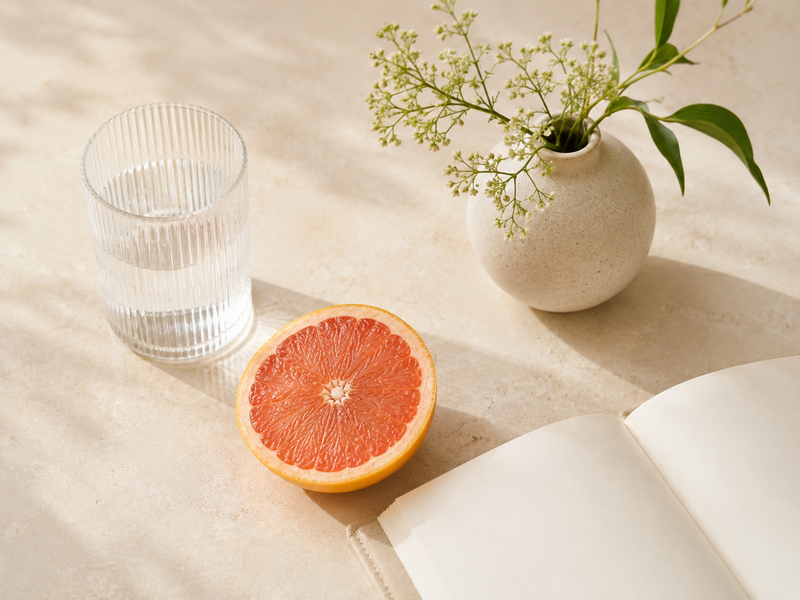 Blood Orange with notebook and vase 