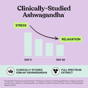 Bar chart showing stress reduction over 60 days with clinically-studied Ashwagandha on a purple background.