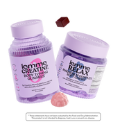 Two purple containers labeled 'lemme Creatine Body Toning Gummies' and 'lemme Relax Magnesium Complex Soft Chews' on a white background.
