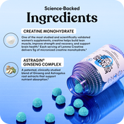 Supplement bottle with blue capsules on a light blue background, featuring text about science-backed ingredients.