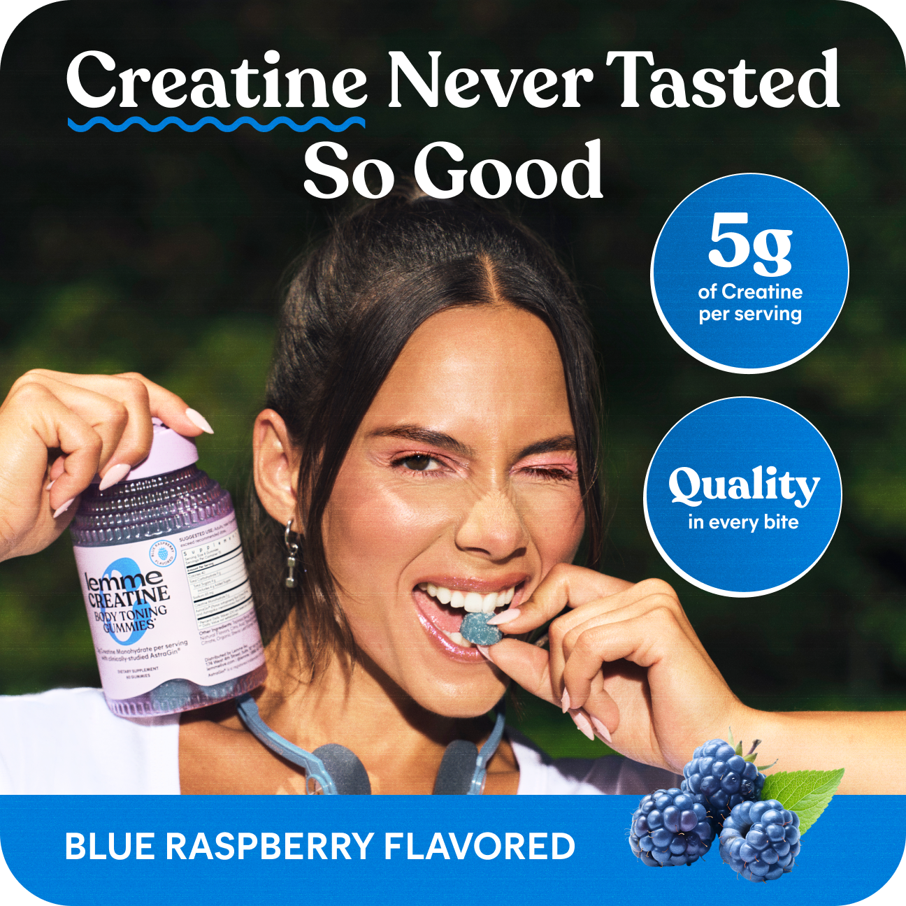 Woman eating a blue raspberry-flavored creatine supplement with promotional text and graphics.
