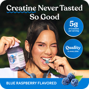 Woman eating a blue raspberry-flavored creatine supplement with promotional text and graphics.