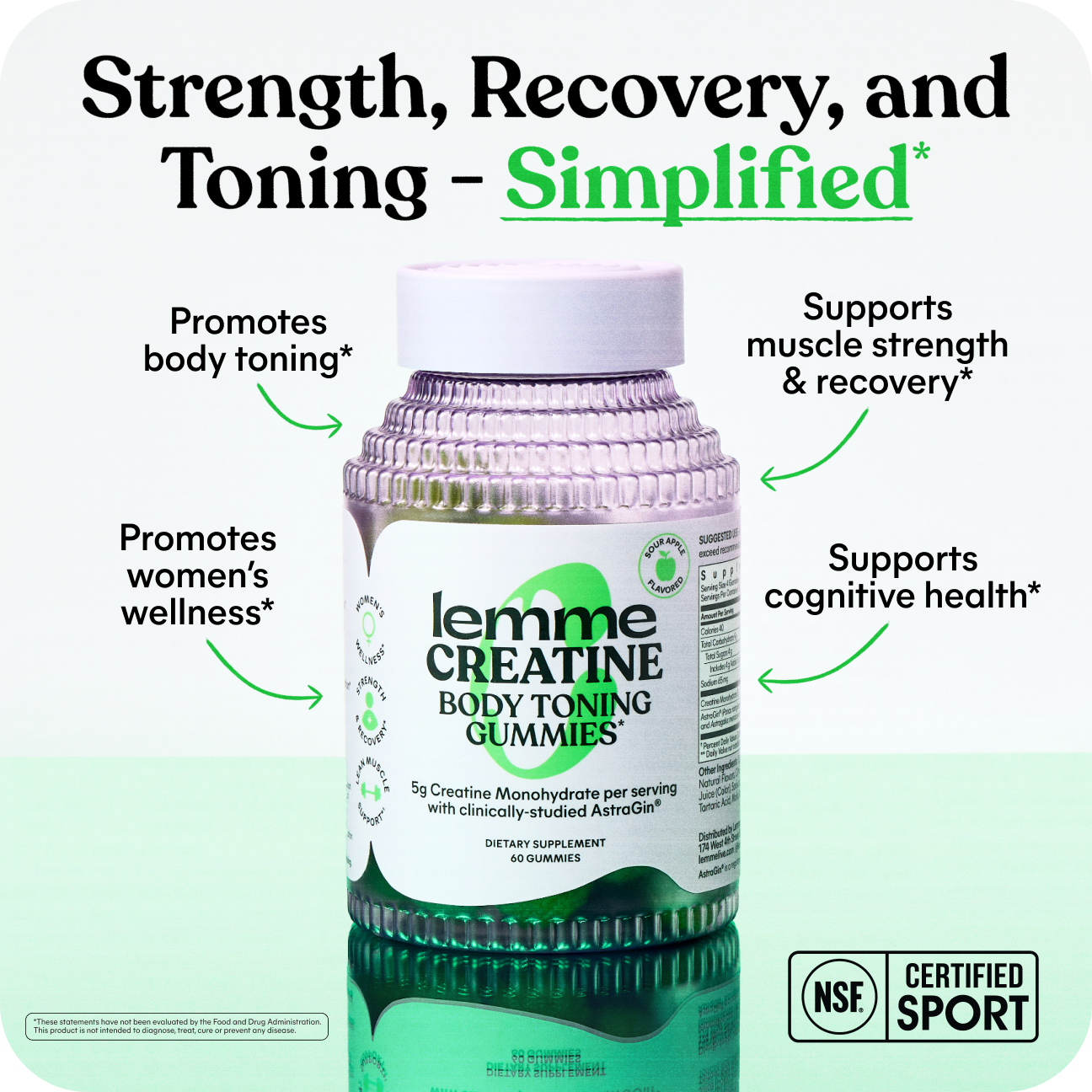 Lemme Creatine Body Toning Gummies bottle with promotional text on a light green background