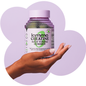 Hand holding a bottle of 'lemme' Creatine Body Toning Gummies against a light purple background