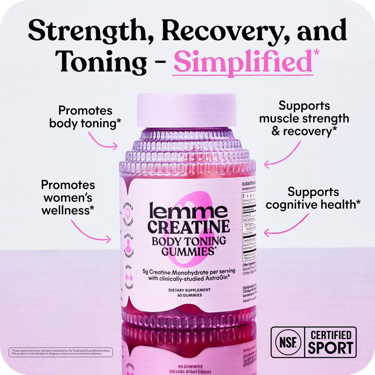 Lemme Creatine Body Toning Gummies bottle with promotional text on a white background