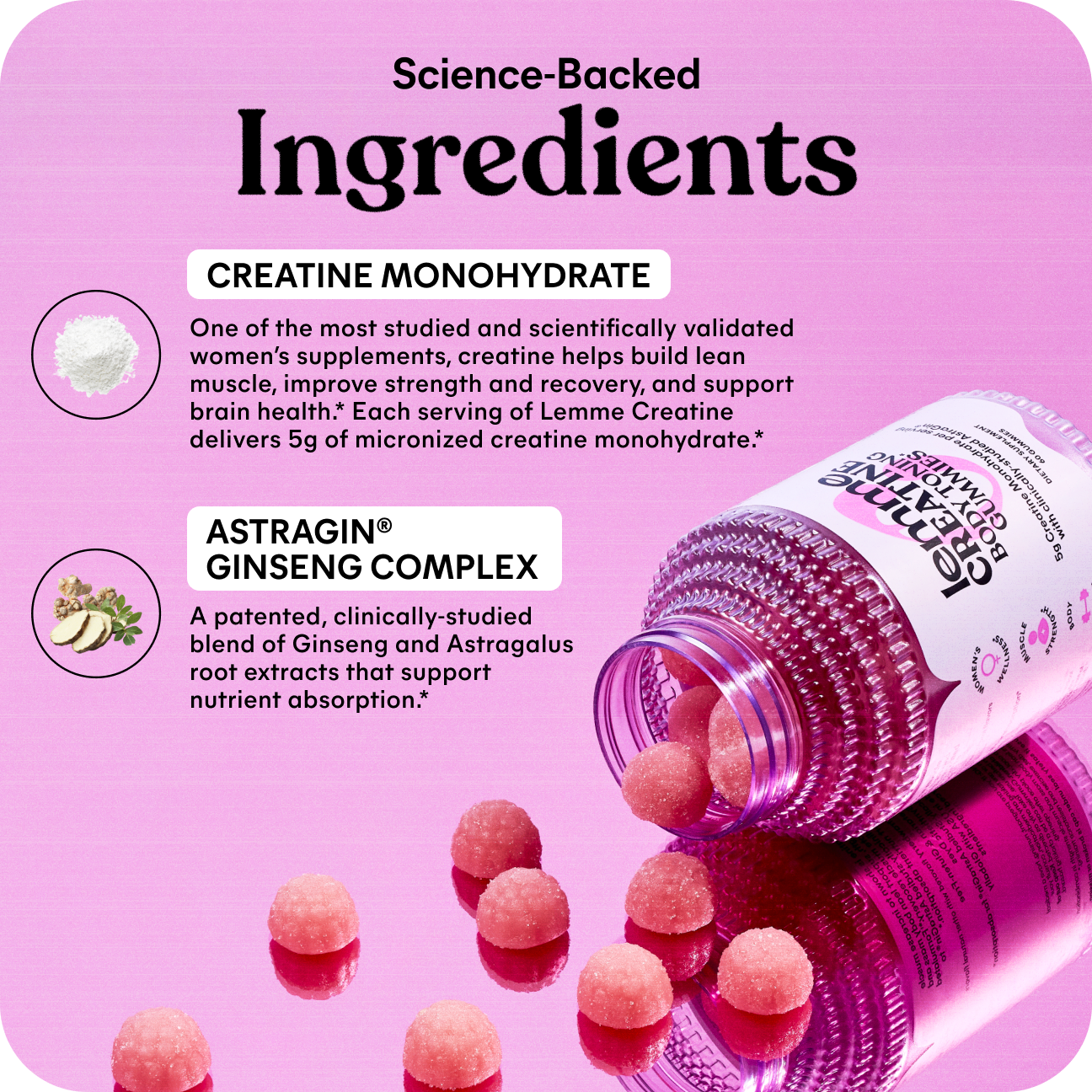 Supplement bottle with pink gummies on a pink background, featuring text about ingredients.