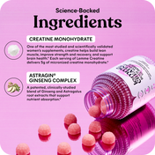 Supplement bottle with pink gummies on a pink background, featuring text about ingredients.