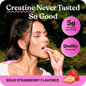 Woman eating a strawberry with promotional text about creatine supplement flavor and quality.