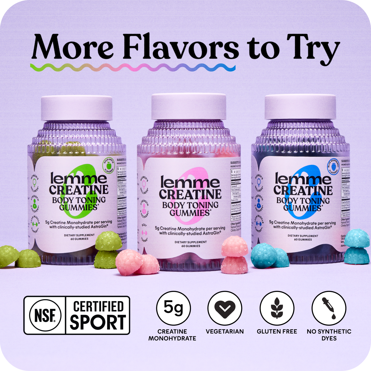 Three bottles of lemme Creatine Body Toning Gummies with colorful gummy bears on a light purple background.