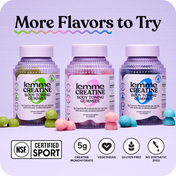 Three bottles of lemme Creatine Body Toning Gummies with colorful gummy bears on a light purple background.