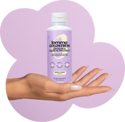 Hand holding a bottle of lemme colostrum supplement against a purple heart-shaped background