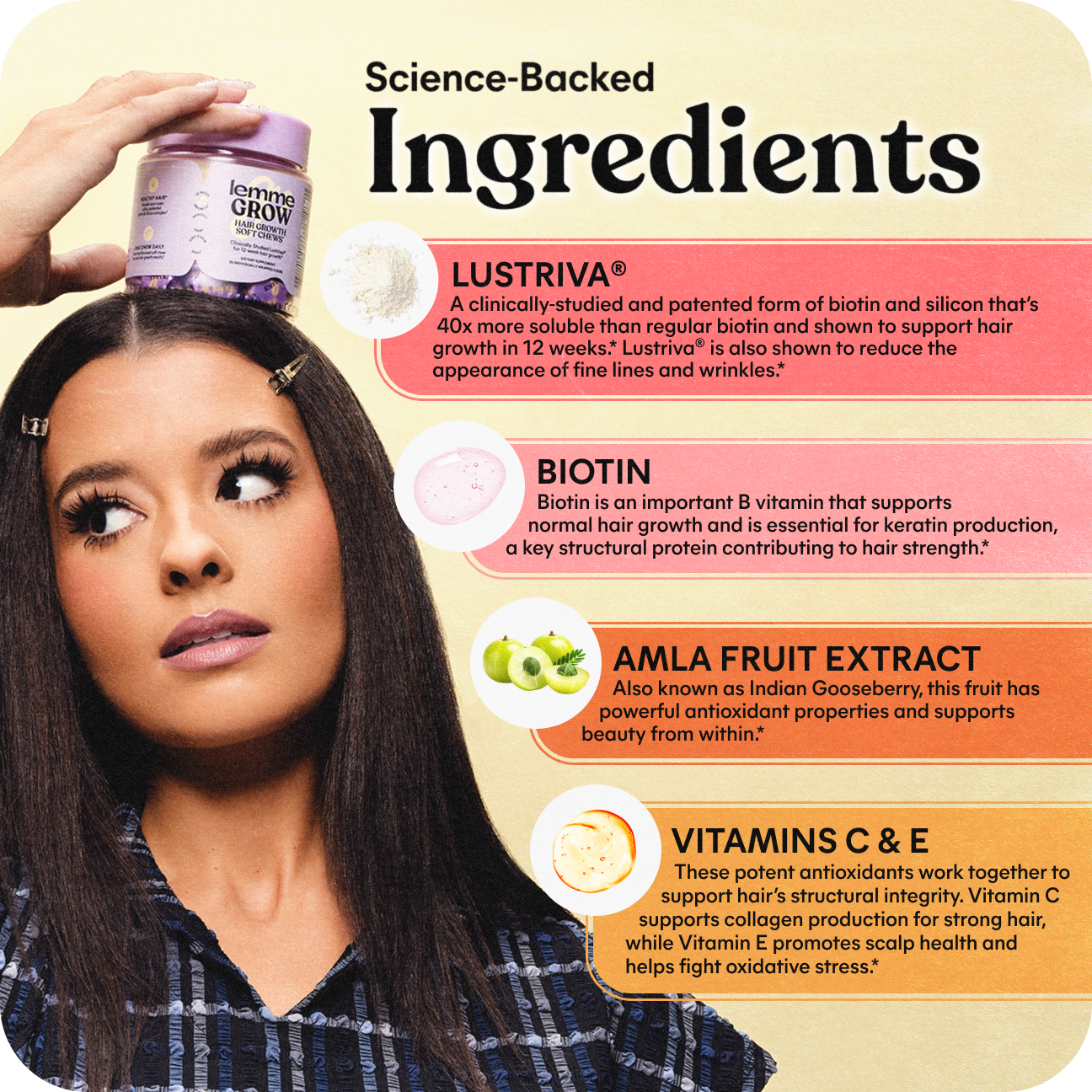 Woman with hair product and Lustriva supplement, with text on science-backed ingredients.