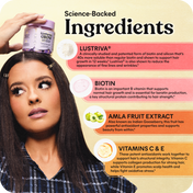 Woman with hair product and Lustriva supplement, with text on science-backed ingredients.