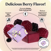 Product packaging with berries and text about flavor and benefits on a beige background