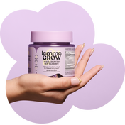 Hand holding a jar of 'lemme Grow' hair growth soft chews against a purple background