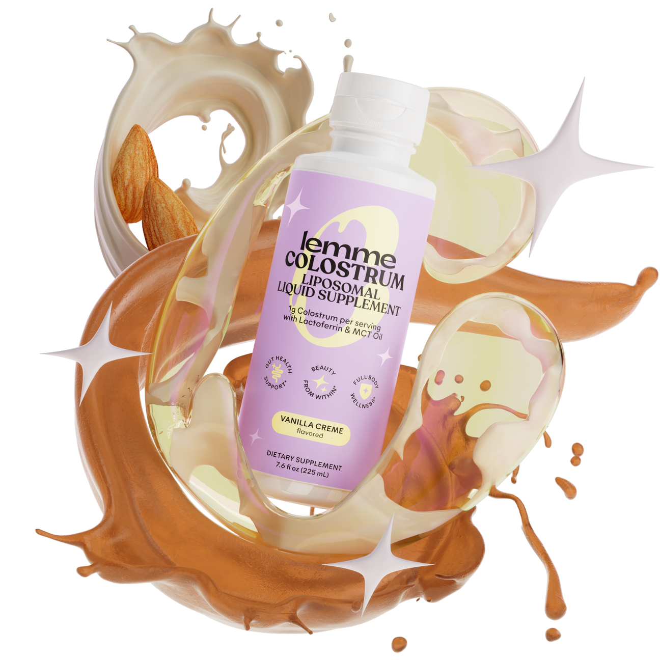 Lemme Colostrum supplement bottle with liquid splashes on a white background
