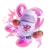 Bottle of daily intimacy gummies with cherries and pink abstract background
