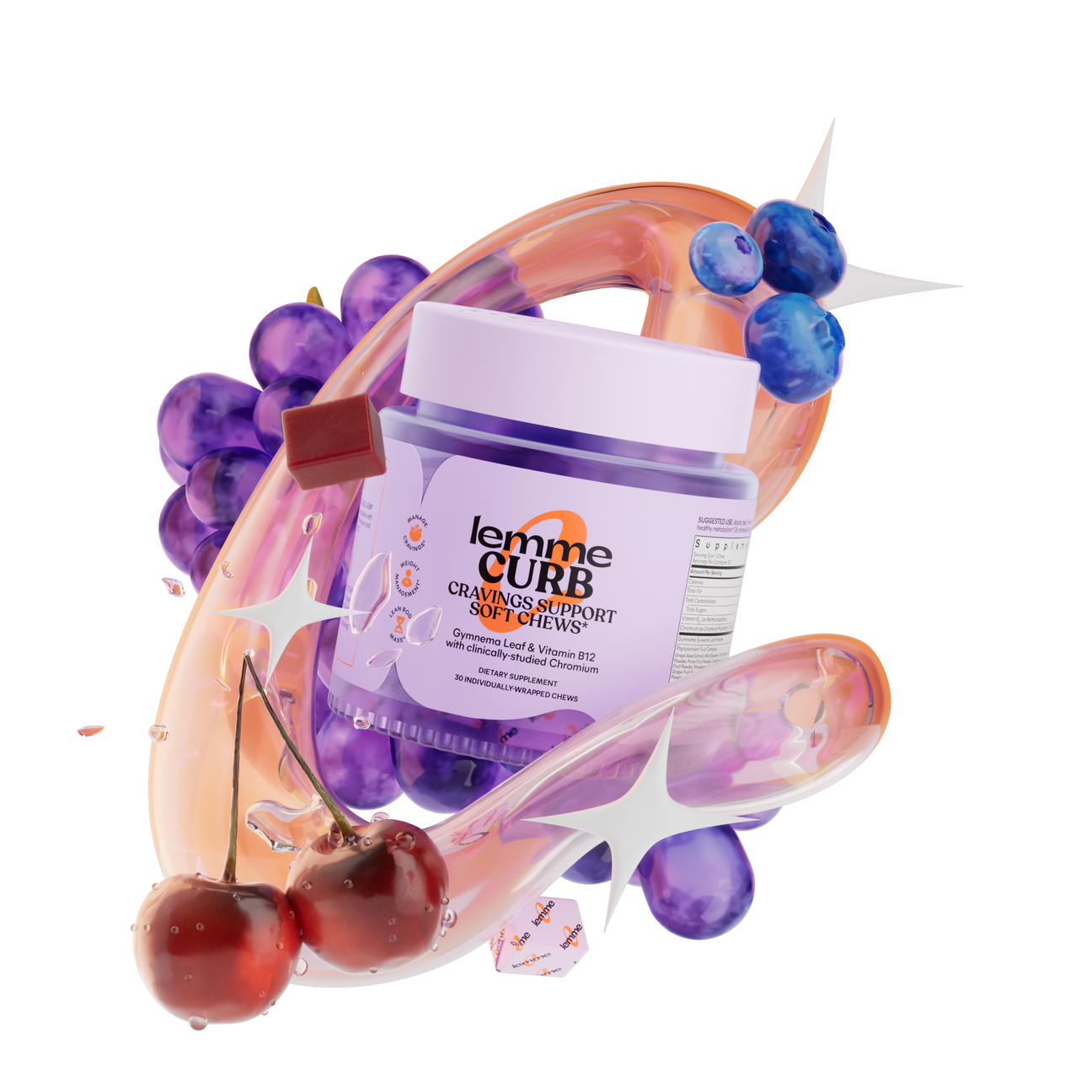 lemme CURB cranberry support soft chews packaging with fruits on a white background