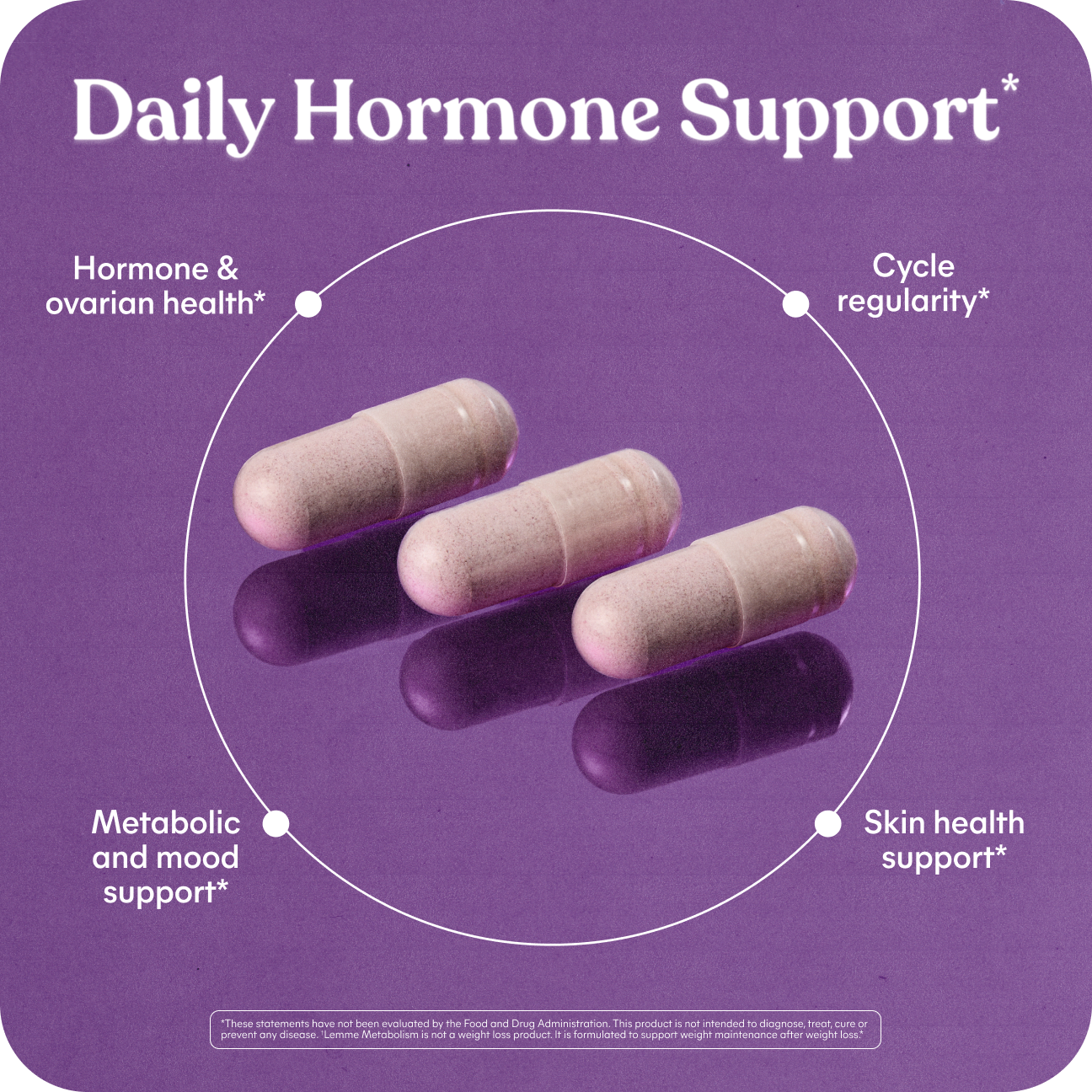 Supplement bottle with pills and text about hormone balance and cycle support on a light gray background.