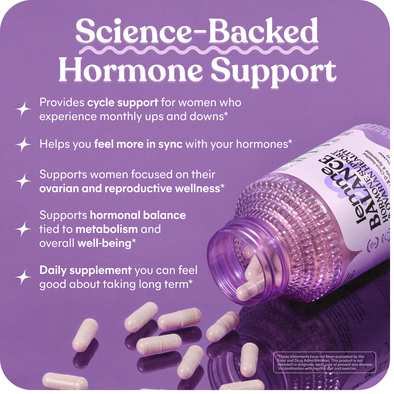 Purple supplement bottle with capsules on a purple background, featuring text about hormone support.