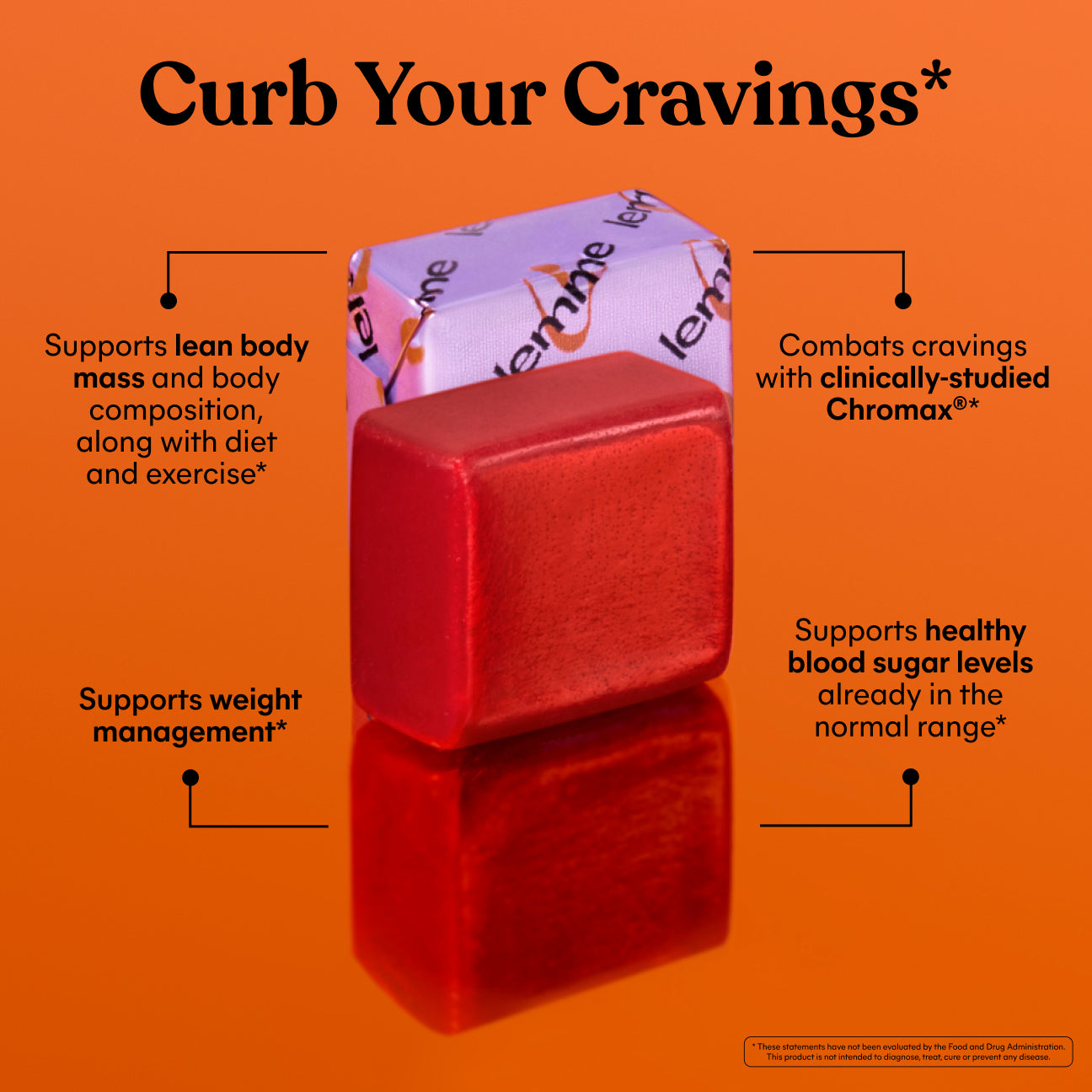 Curb Chews against an orange background with text highlighting its benefits 