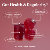 Red gummy vitamins with text on a pink background about gut health and regularity.