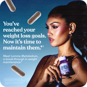 Advertisement for Lemme Metabolism with a woman holding the product against a blue background.