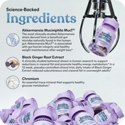 Product packaging with text about science-backed ingredients on a white background