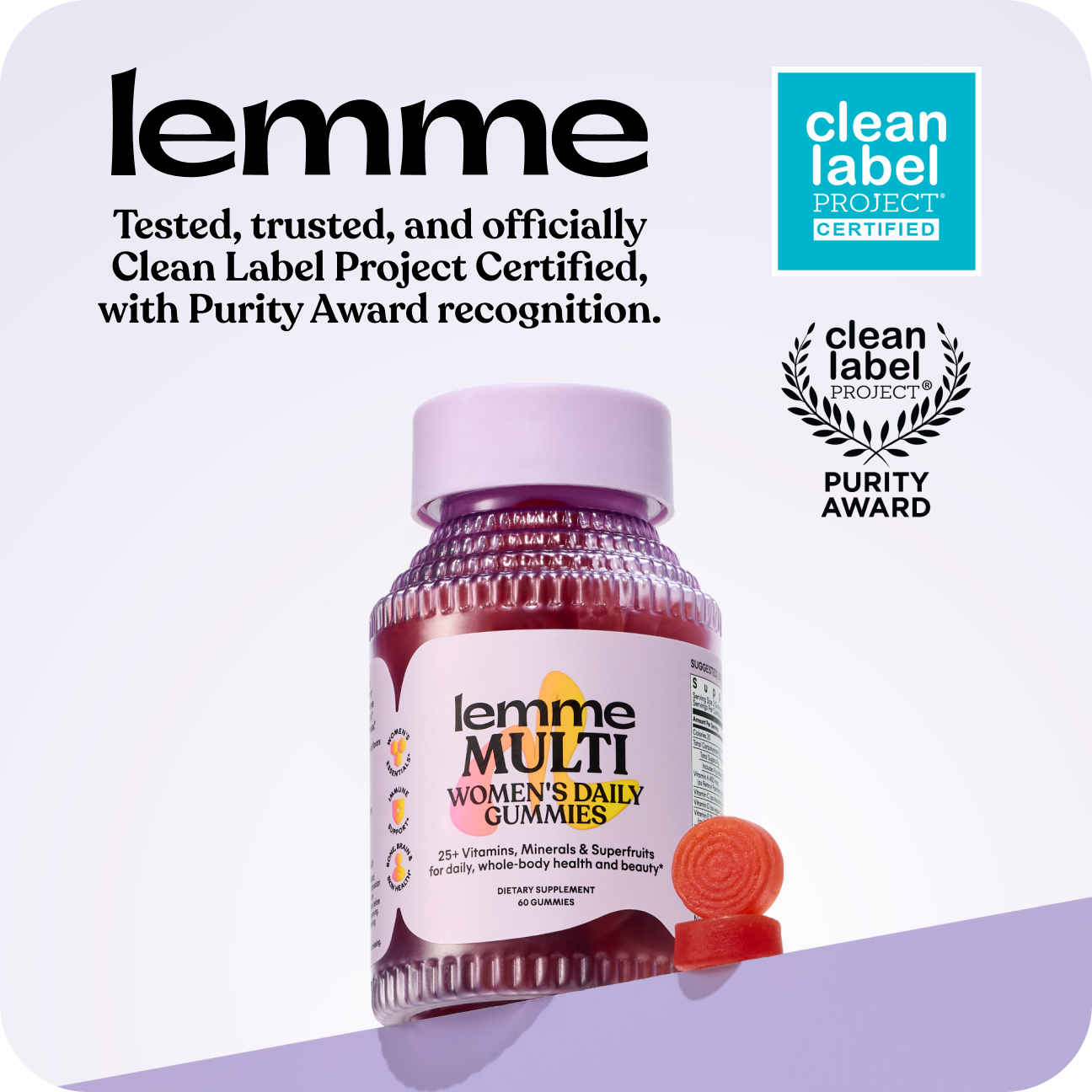 Bottle of lemme Women's Daily Gummies with Clean Label Project certification on a white background