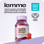 Bottle of lemme Women's Daily Gummies with Clean Label Project certification on a white background