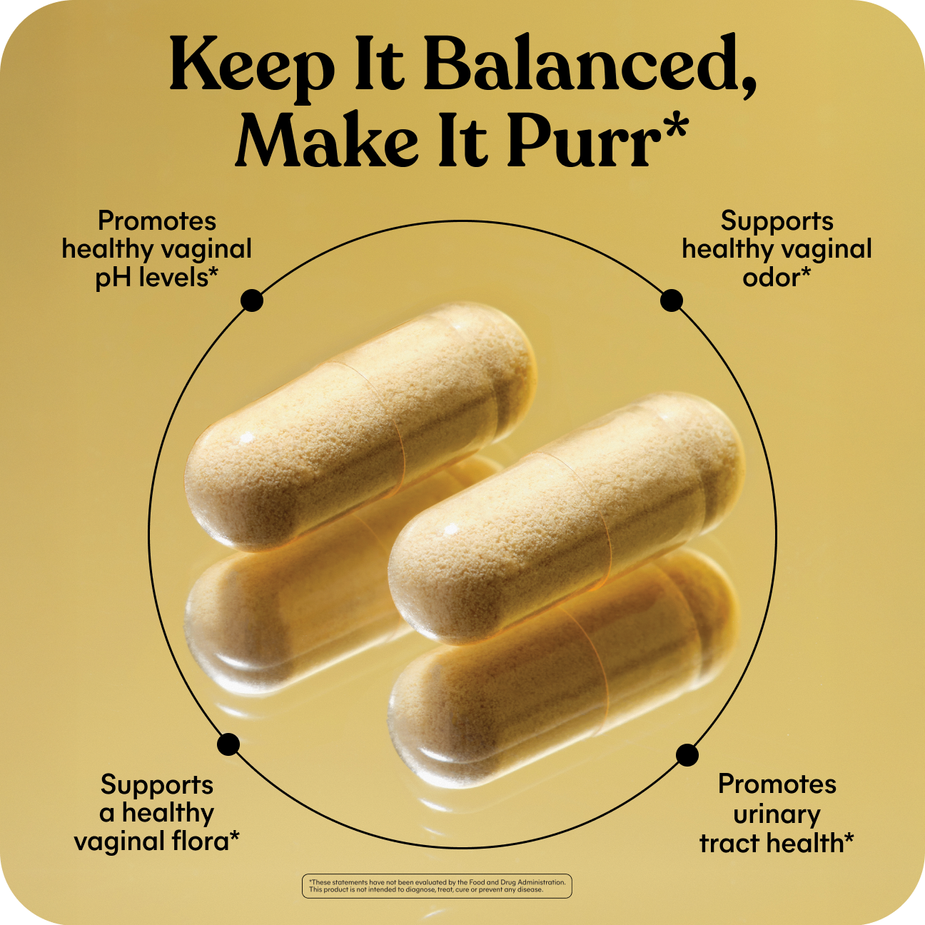 Three capsules on a yellow background with text about health benefits.