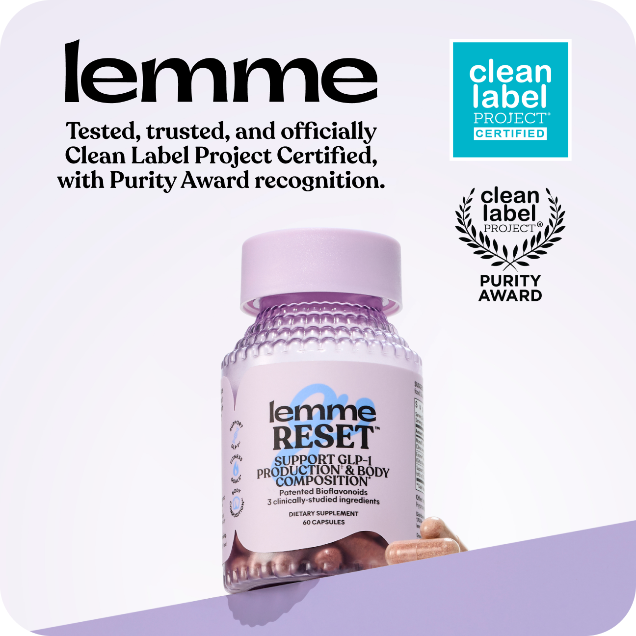 lemme supplement bottle with Clean Label Project certification on a white background