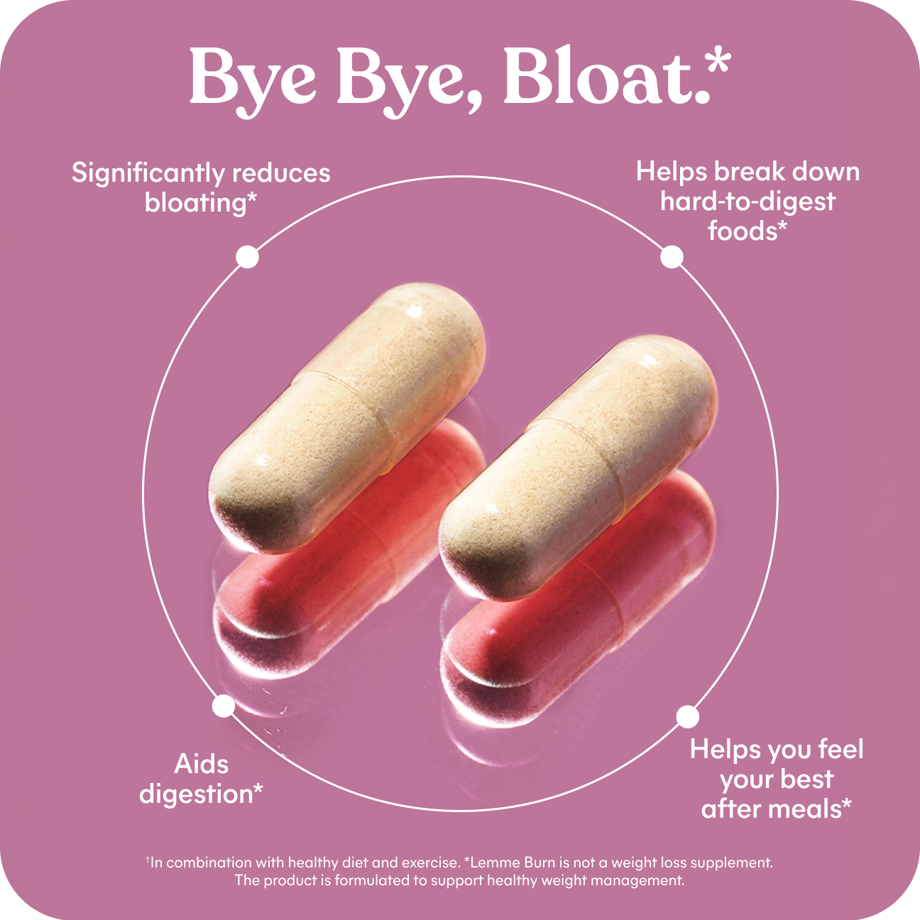 Two capsules on a pink background with text about digestive health and bloat relief.