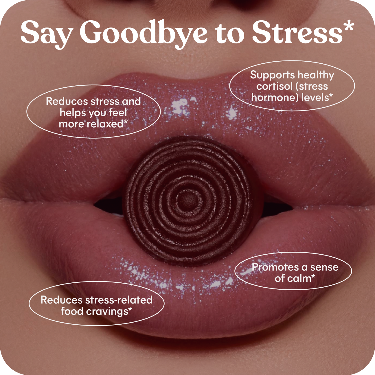 Chocolate candy in a mouth with text about stress relief and health benefits on a brown background