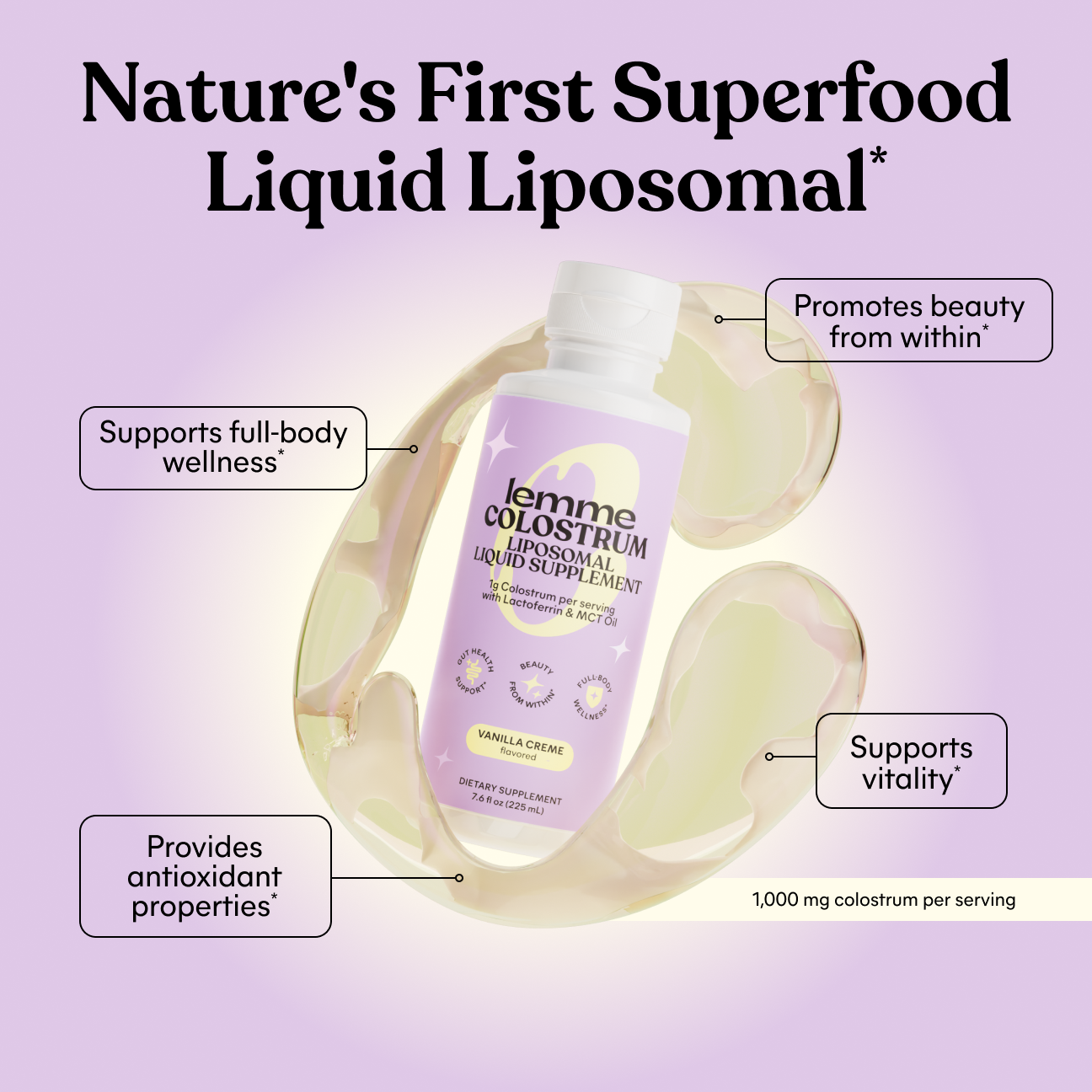 Lemme Colostrum liquid liposomal supplement bottle on a light purple background with text highlighting benefits.