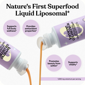 Two bottles of 'Nature's First Superfood Liquid Liposomal' with text highlighting benefits on a white background.