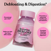 lemme debloat daily digestive gummies with text highlighting benefits on a pink background