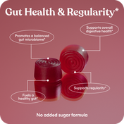 Red gummy bears with text on a pink background about gut health and regularity.