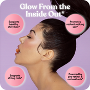 Advertisement for a skincare product with a woman's face and text about benefits on a purple background