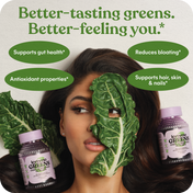 Advertisement for a green supplement with a woman holding a leaf over her face and text about its benefits.