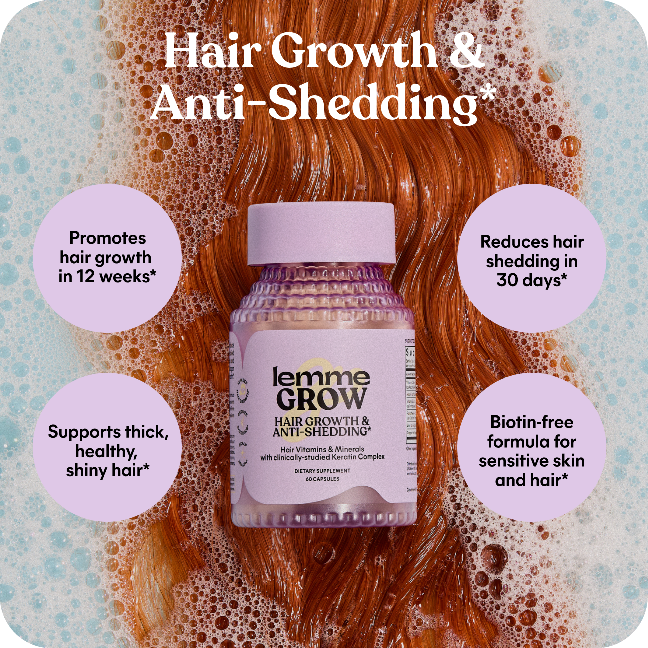 Supplement bottle for hair growth and anti-shedding with text on a background of red hair and shampoo.