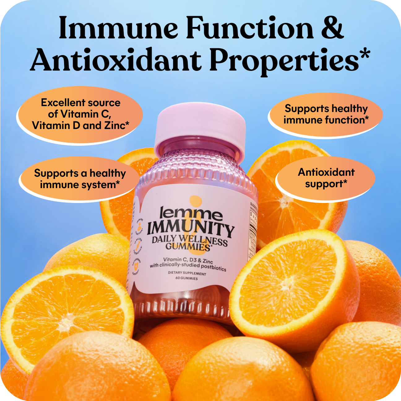 lemme IMMUNITY gummies bottle surrounded by oranges with text highlighting immune function and antioxidant properties.