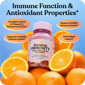 lemme IMMUNITY gummies bottle surrounded by oranges with text highlighting immune function and antioxidant properties.
