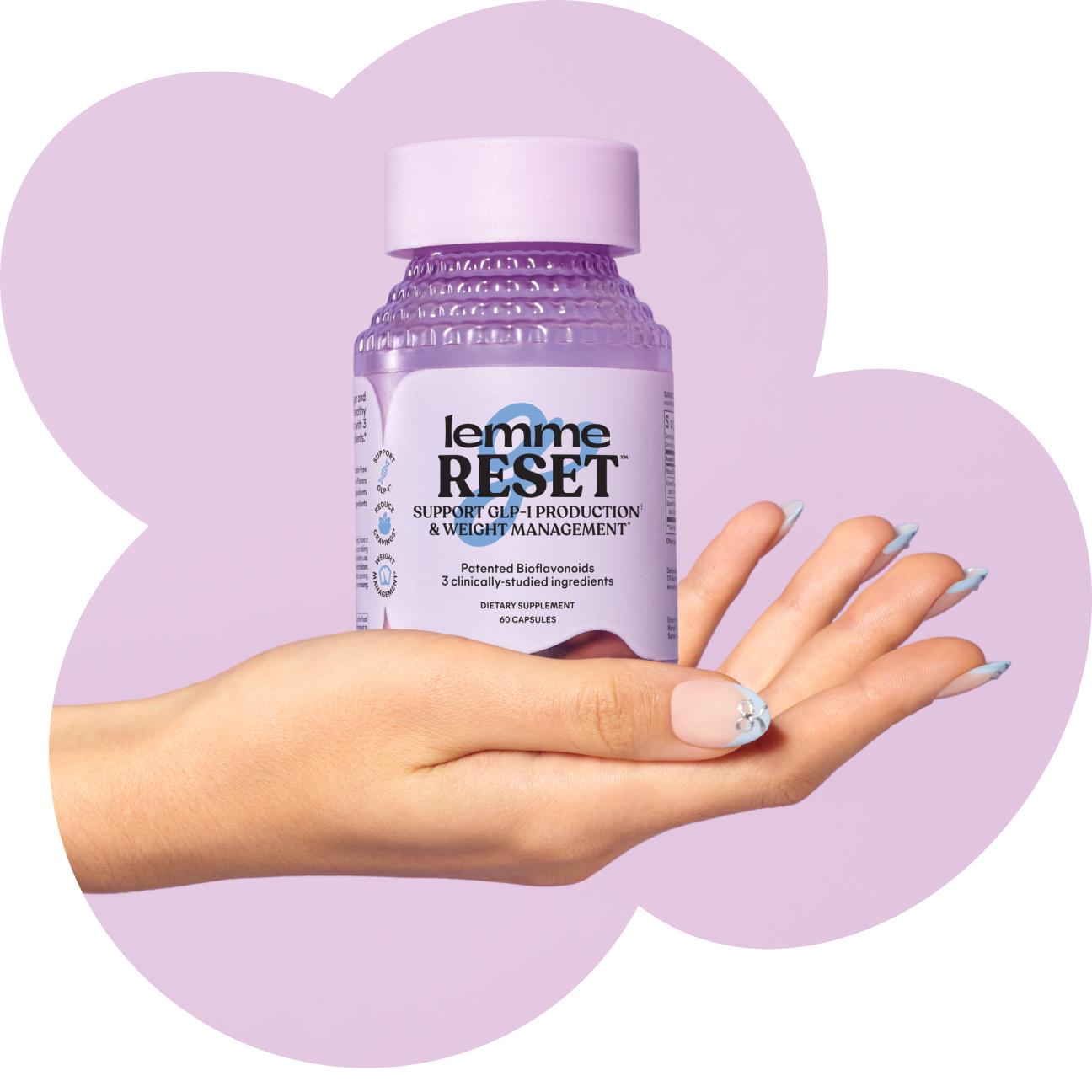 Hand holding a bottle of 'lemme RESET' supplement with a purple background