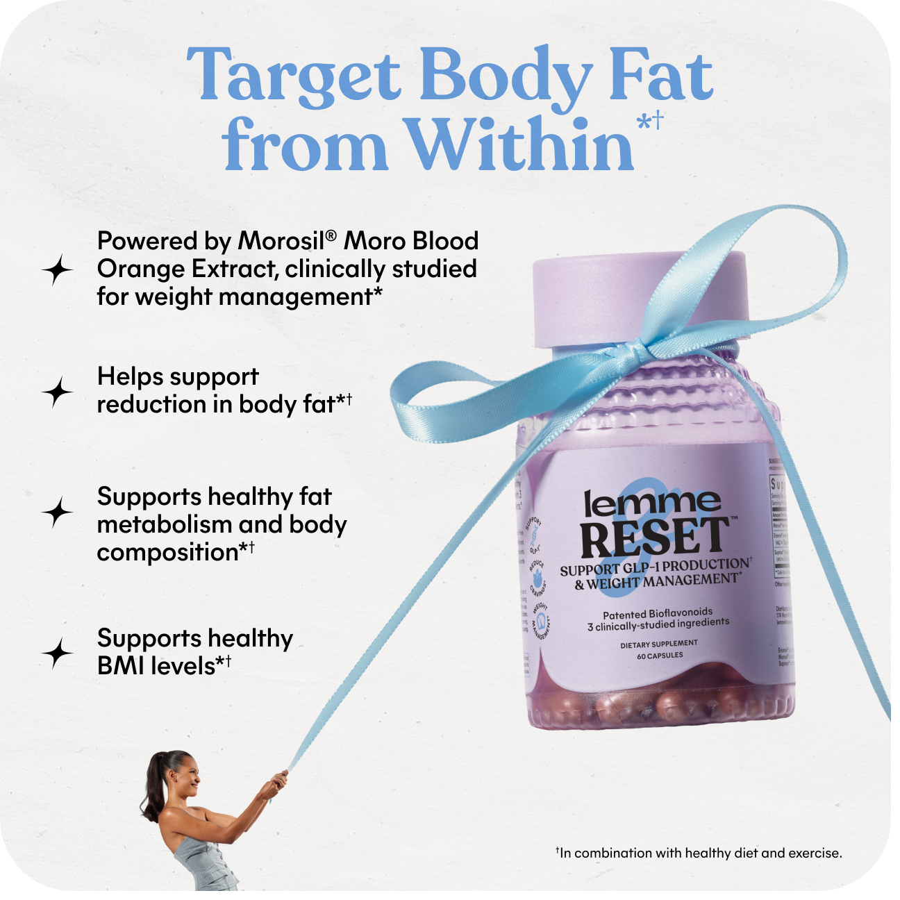 Bottle of lemme RESET supplement with text about weight management and body fat reduction.