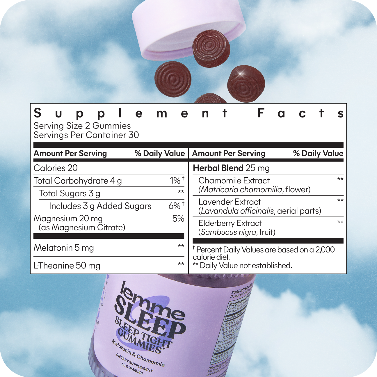 Supplement facts label for lemme SLEEP gummies with a blue sky background