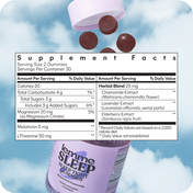 Supplement facts label for lemme SLEEP gummies with a blue sky background